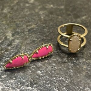 Kendra Scott Skylette Magenta Hot Pink Arrowhead Stud Gold Earrings Elyse Ring